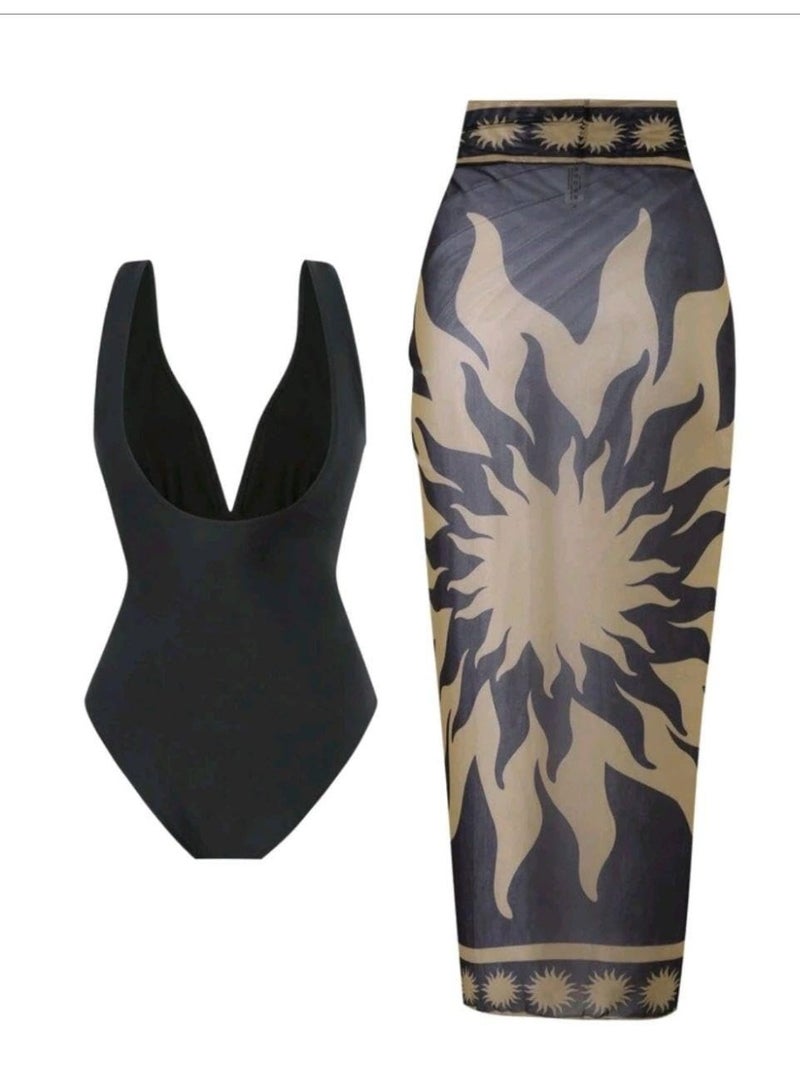 SHEIN-2pcs/Set Swim Solid Black One-Piece Swimsuit & Mesh Placement Print Maxi Dress - Image 3